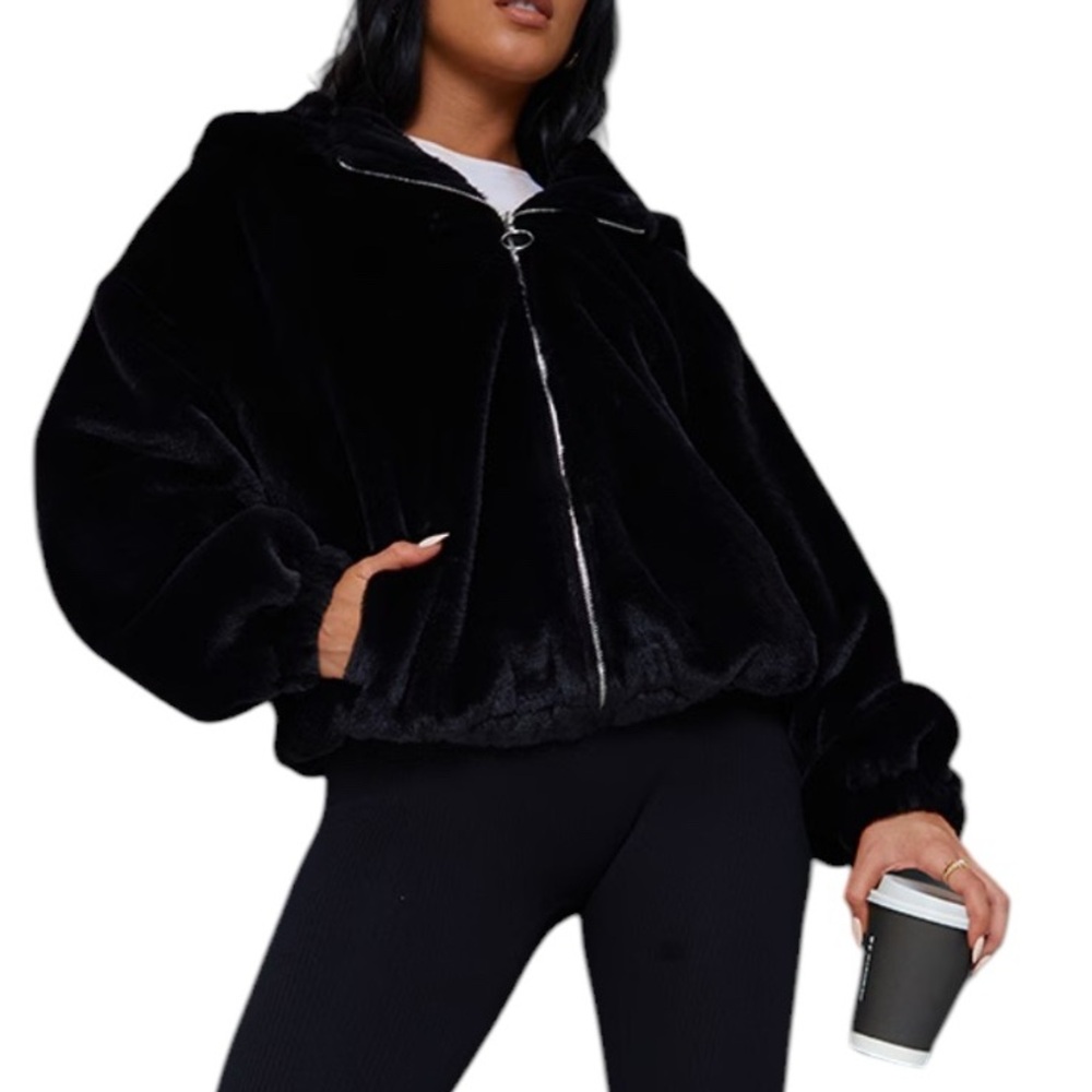 Pretty Little Thing BLACK FAUX FUR BALLOON SLEEVE HOODED JACKET US 6 New